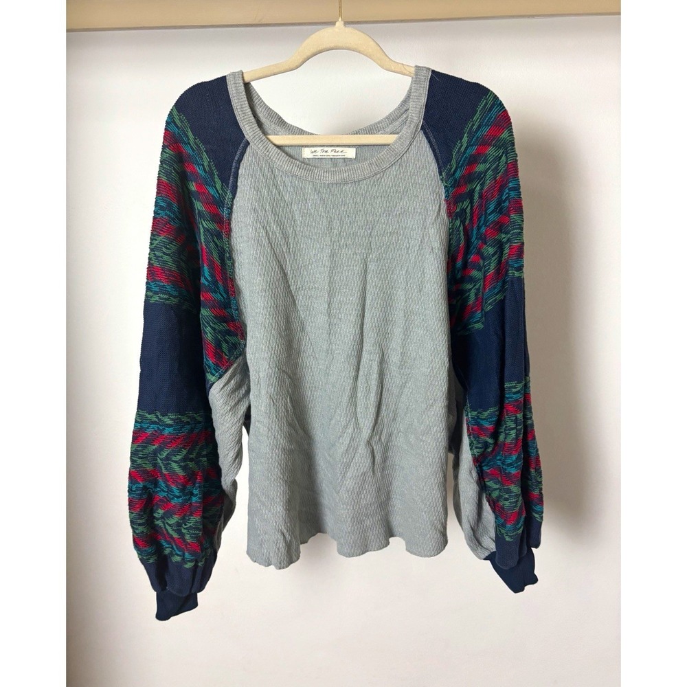 We The Free Gray Knit Crewneck Pullover Raglan Sweater Geometric Women's S